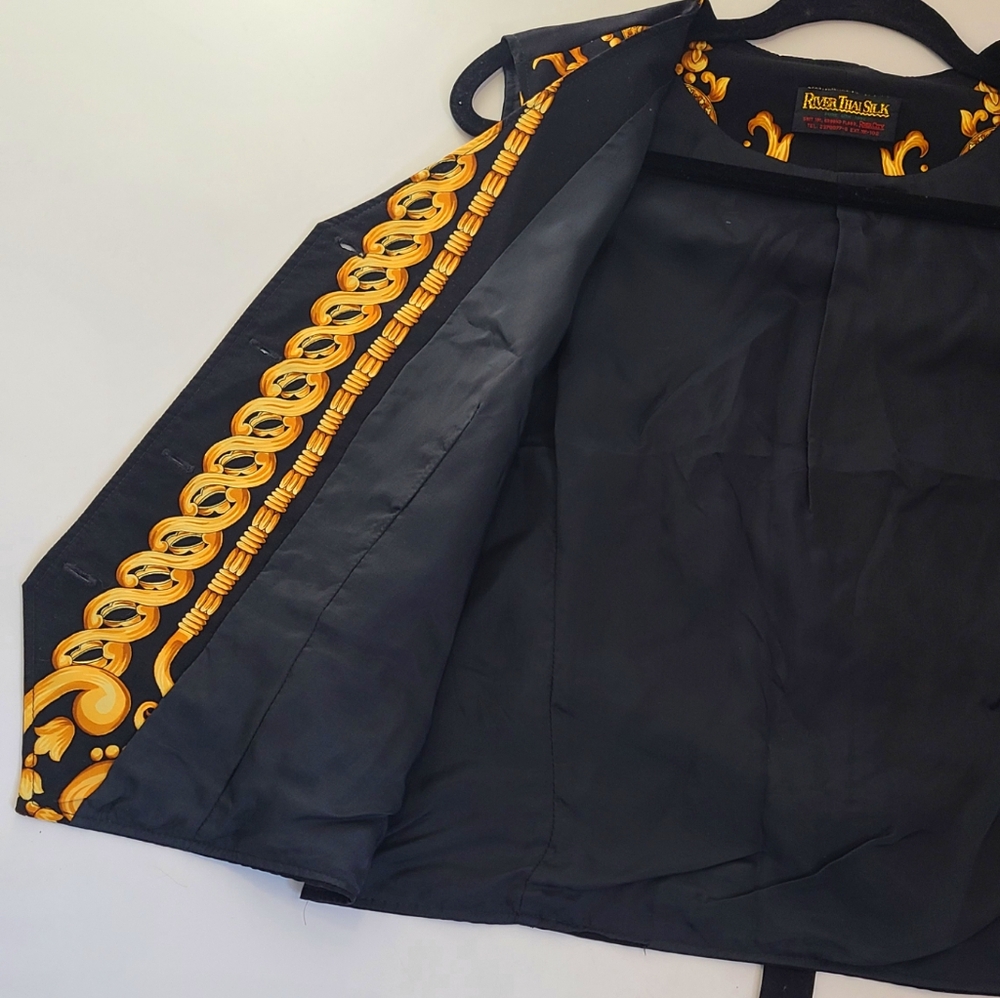 River thai yellow and black baroque print 100% silk vest size small S unisex - Picture 9 of 10